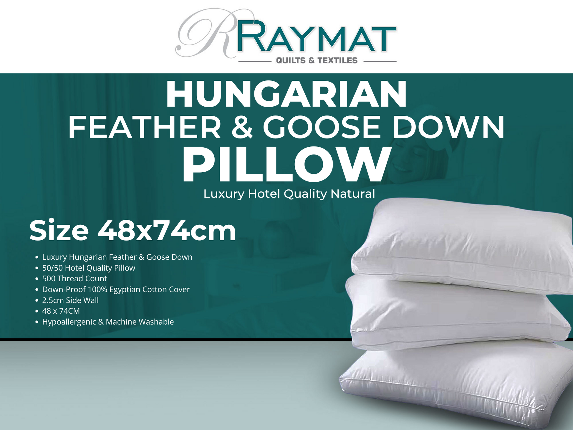 Hungarian Goose Feather Down Pillow 1300G Fill Raymat Textiles