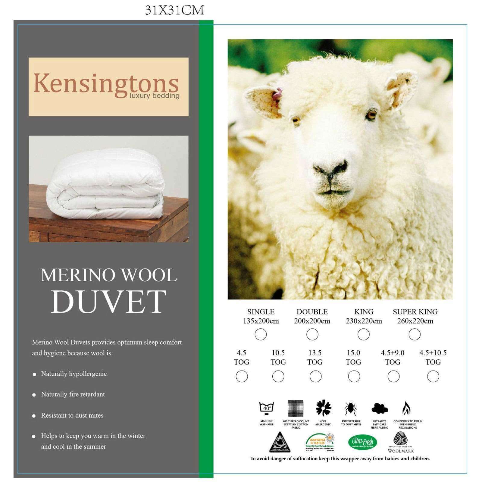Natural Merino Wool Fiber Egyptian Cotton Cover Duvet Single Bed –  Kensingtons