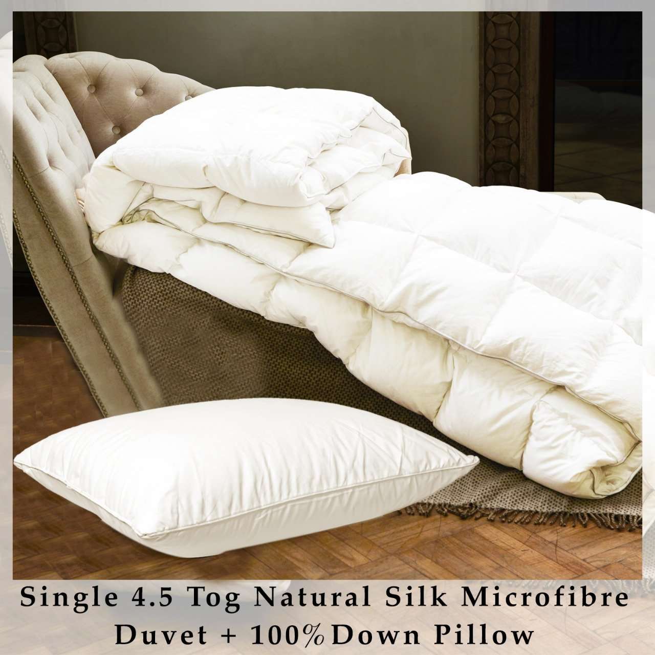 400T/C Luxurious Natural Silk Microfibre Filled Single Bed Duvet with a 100% Down Pillow