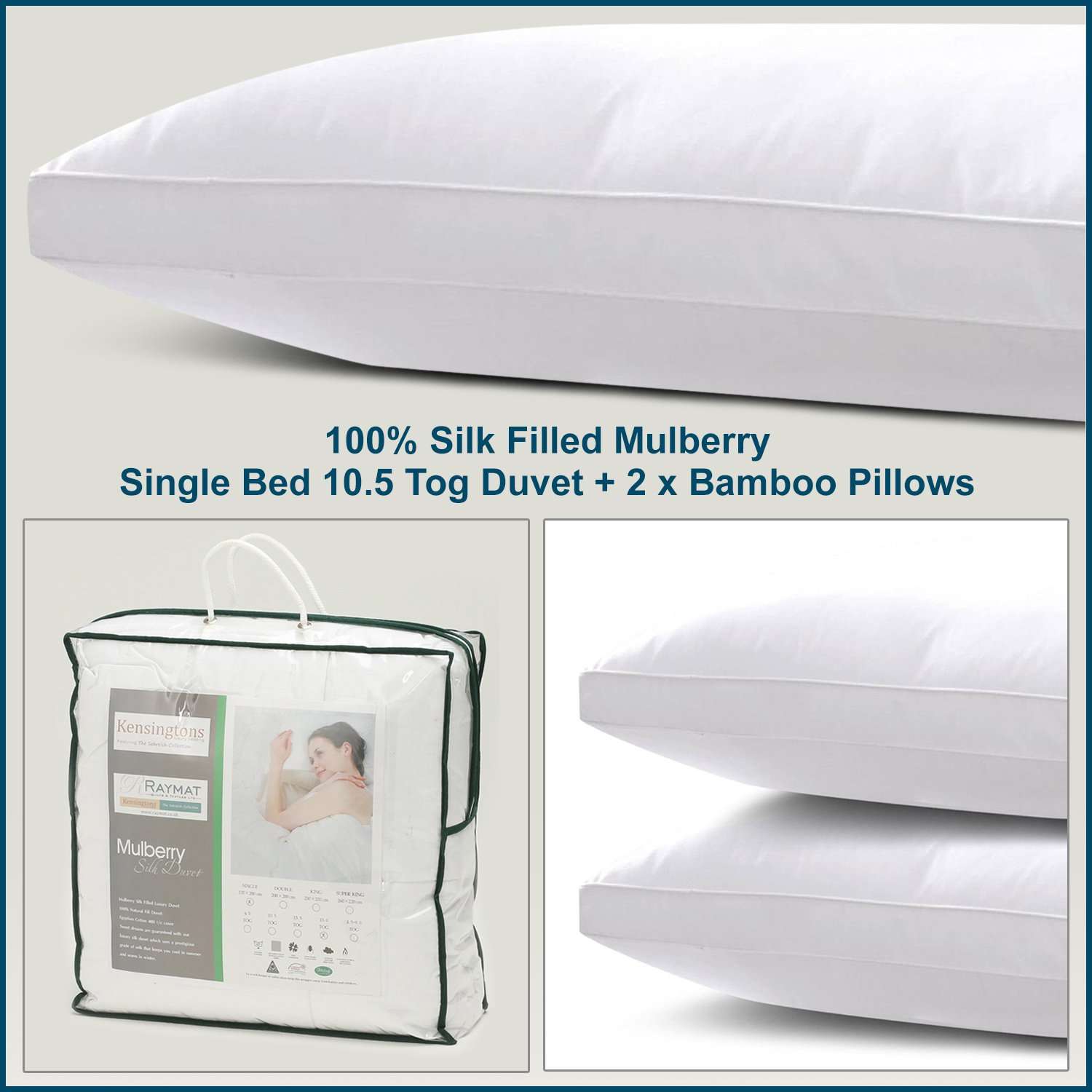 100% Silk Filled Mulberry Single Bed 10.5 Tog Duvet + 2 x Bamboo Pillows
