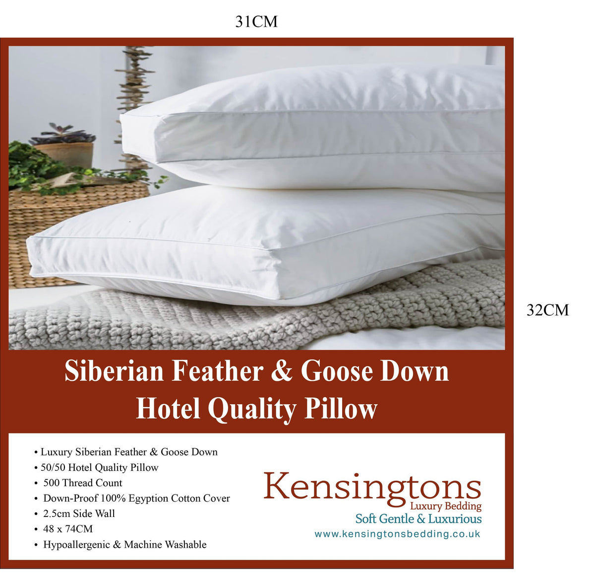 Siberian Goose Feather And Down Luxury Pillows 1000G Kensingtons